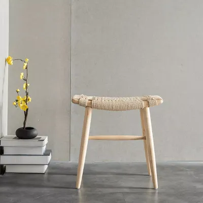 Tomomi - Solid Ash Wood & Kraft Paper Rope Makeup Stool | Dining Room Stool