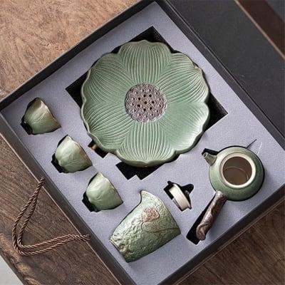 Japanese Petal Side Grip Kung Fu Teapot Set - 6 pcs | One Pot And Three Cups with Tray