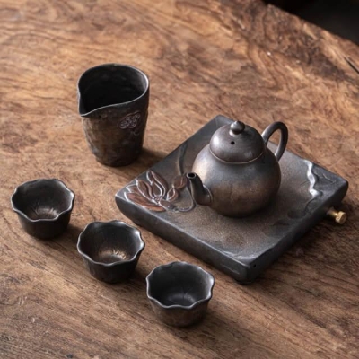 Japanese Early Lotus Pear Teapot Set - 6 pcs | One Pot And Three Cups with Tray