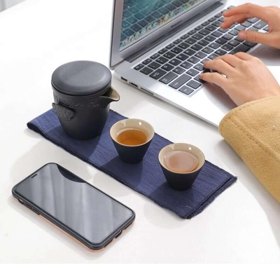 Portable Black Pottery Kung Fu Tea Set - One Pot Two Cups With Coaster
