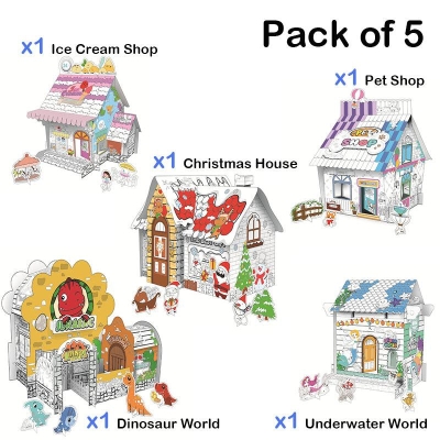 Educational Paper Toy | Mini DIY Creative Cardboard Coloring House - Pack of 5