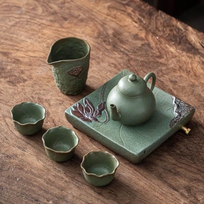 Japanese Early Lotus Pear Teapot Set - 6 pcs | One Pot And Three Cups with Tray