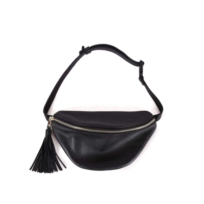 Black Top Grain Cow Leather Fanny Pack | Anti Theft Body Bag