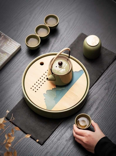 Japanese Bamboo Green Teapot With Beams Set - 7 pcs | One Pot And Four Cups with Tray