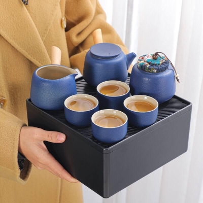 Black Pottery Travel Tea Set - 8pcs with Tea Tray