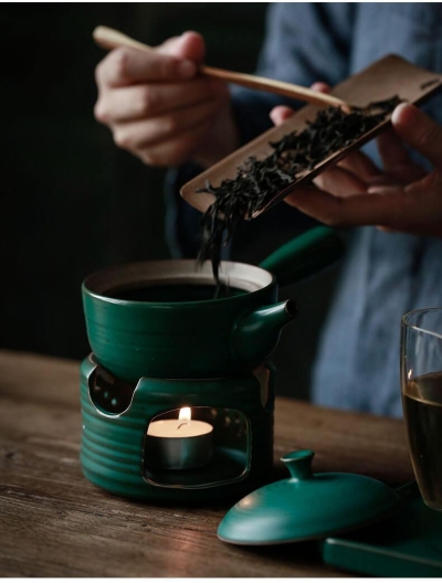 Japanese-style Side Grip Ceramic Glaze Teapot Candle Warmer Set