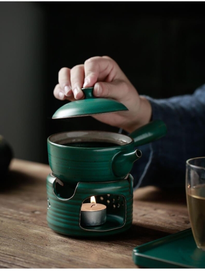 Japanese-style Side Grip Ceramic Glaze Teapot Candle Warmer Set