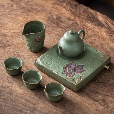 Japanese Lotus Pear Teapot Set - 6 pcs | One Pot And Three Cups with Tray