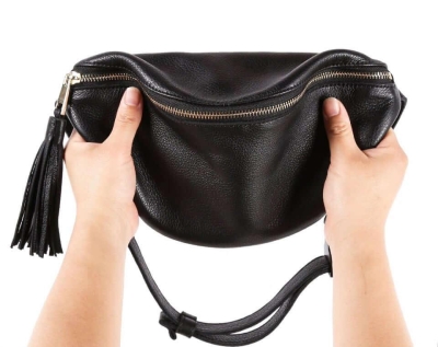 Black Top Grain Cow Leather Fanny Pack | Anti Theft Body Bag