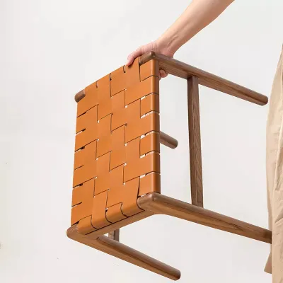 Juan - Solid Ash Wood & Leather Dining Stool | Makeup Stool