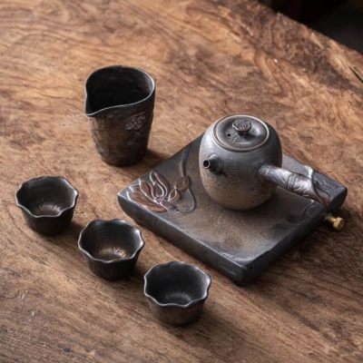 Japanese Early Lotus Side Grip Kung Fu Teapot Set - 6 pcs | One Pot And Three Cups  with Tray
