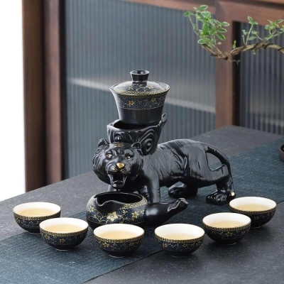 Semi Automatic Tiger Ceramic Kung Fu Tea Set - 9 pcs