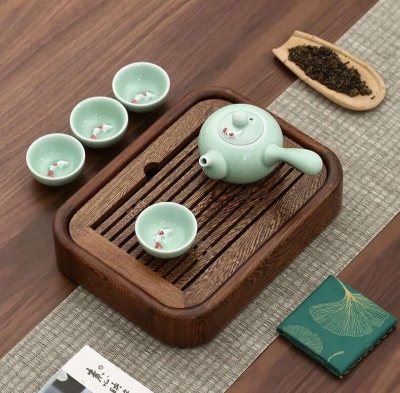 Simple Small Wenge Wood Tea Tray + One Pot Four Cups Dry Brew Set