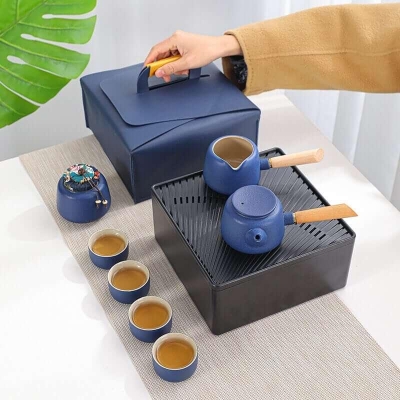 Black Pottery Travel Tea Set - 8pcs with Tea Tray