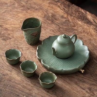 Japanese Petal Pear Teapot Set - 6 pcs | One Pot And Three Cups with Tray