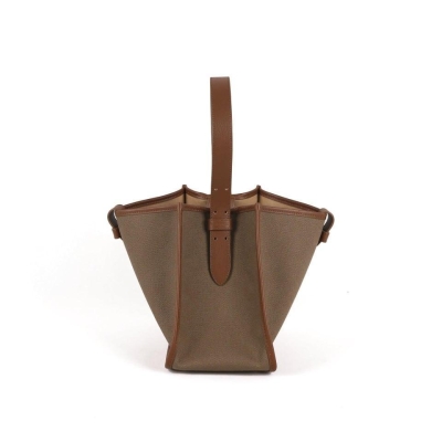 KOJII - Square Large Tote Bag in Leather & Canvas _ Dark Brown & Dark Khaki