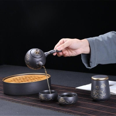 Portable Travel Hand Painted Lotus Stoneware Tea Set - 5pcs with Tea Tray