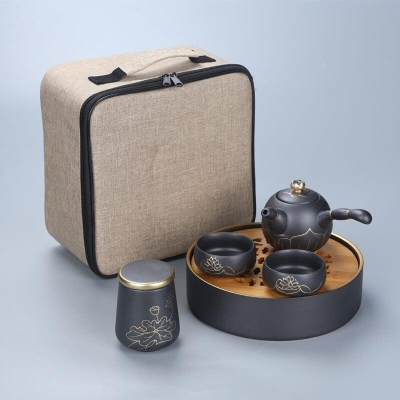 Portable Travel Hand Painted Lotus Stoneware Tea Set - 5pcs with Tea Tray