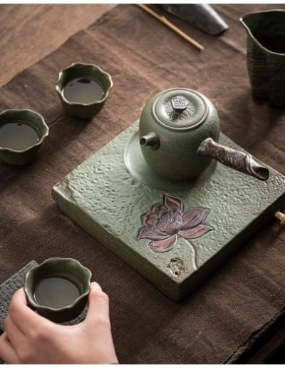 Japanese Lotus Side Grip Kung Fu Teapot Set - 6 pcs | One Pot And Three Cups with Tray