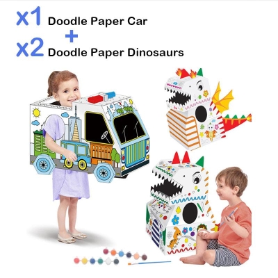 DIY 1 Cardboard Coloring Car + 2 Cardboard Coloring Dinosaurs | Educational Paper Toy - Set of 3
