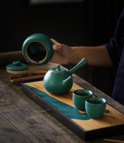 Japanese Dark Green Side Grip Teapot Set - 5 pcs | One Pot And Two Cups with Tray